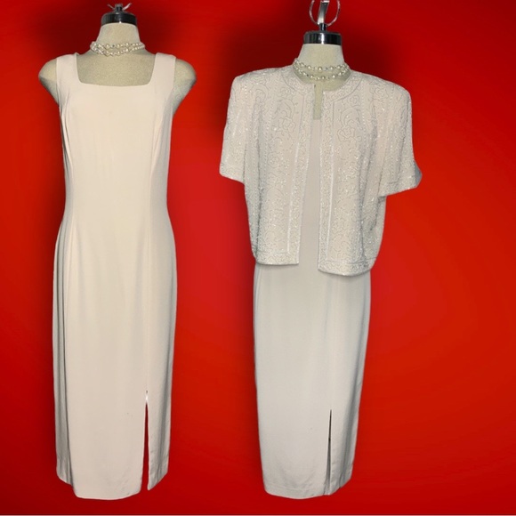 Montage Collection Luxury Beige Beaded Embellished Formal Dress & Jacket S 14 - Picture 1 of 17